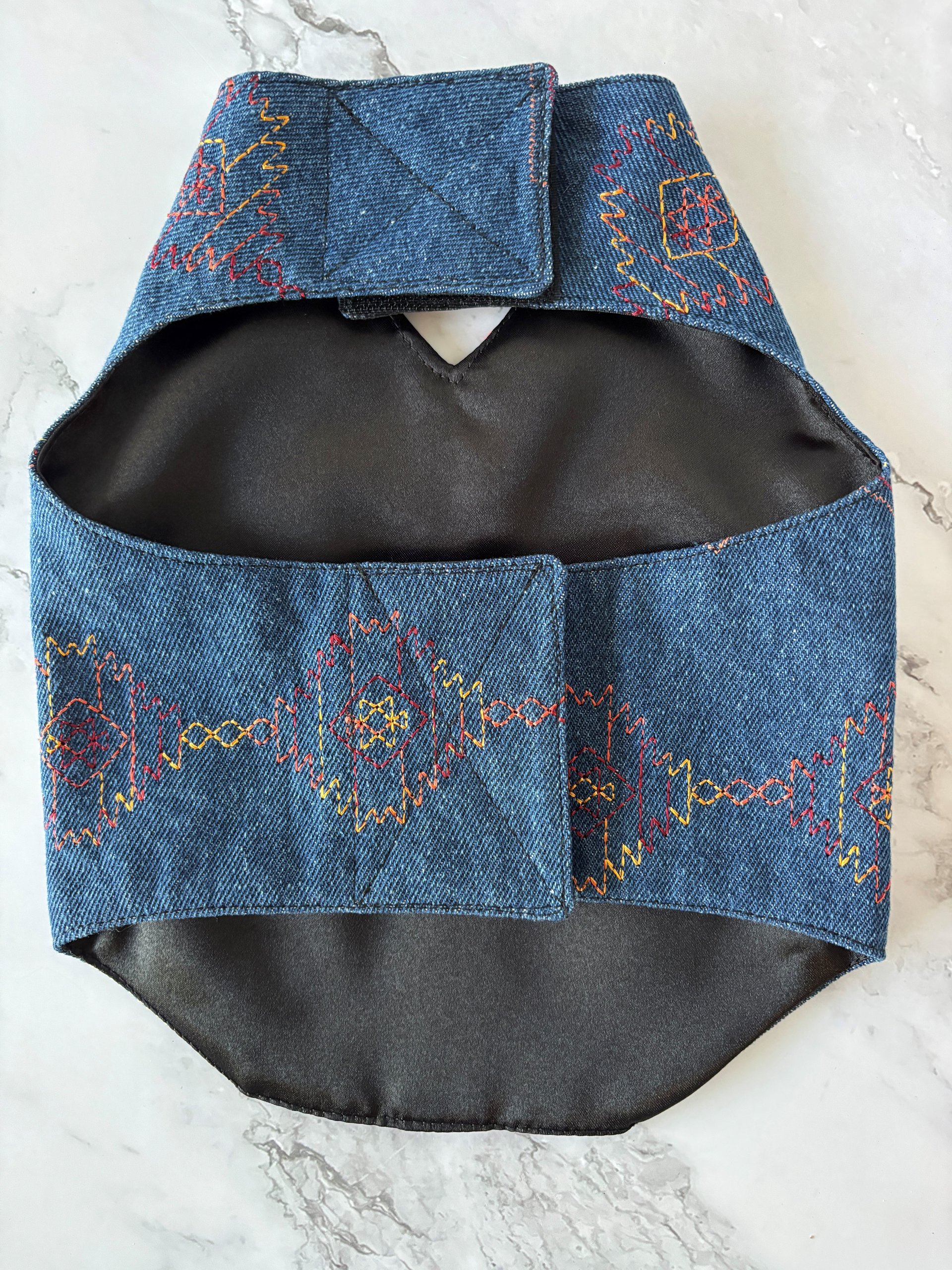 Denim dog harness for the fashionable, relaxed pup - One of a kind - Handmade Aztek style denim small dog vest with D-ring