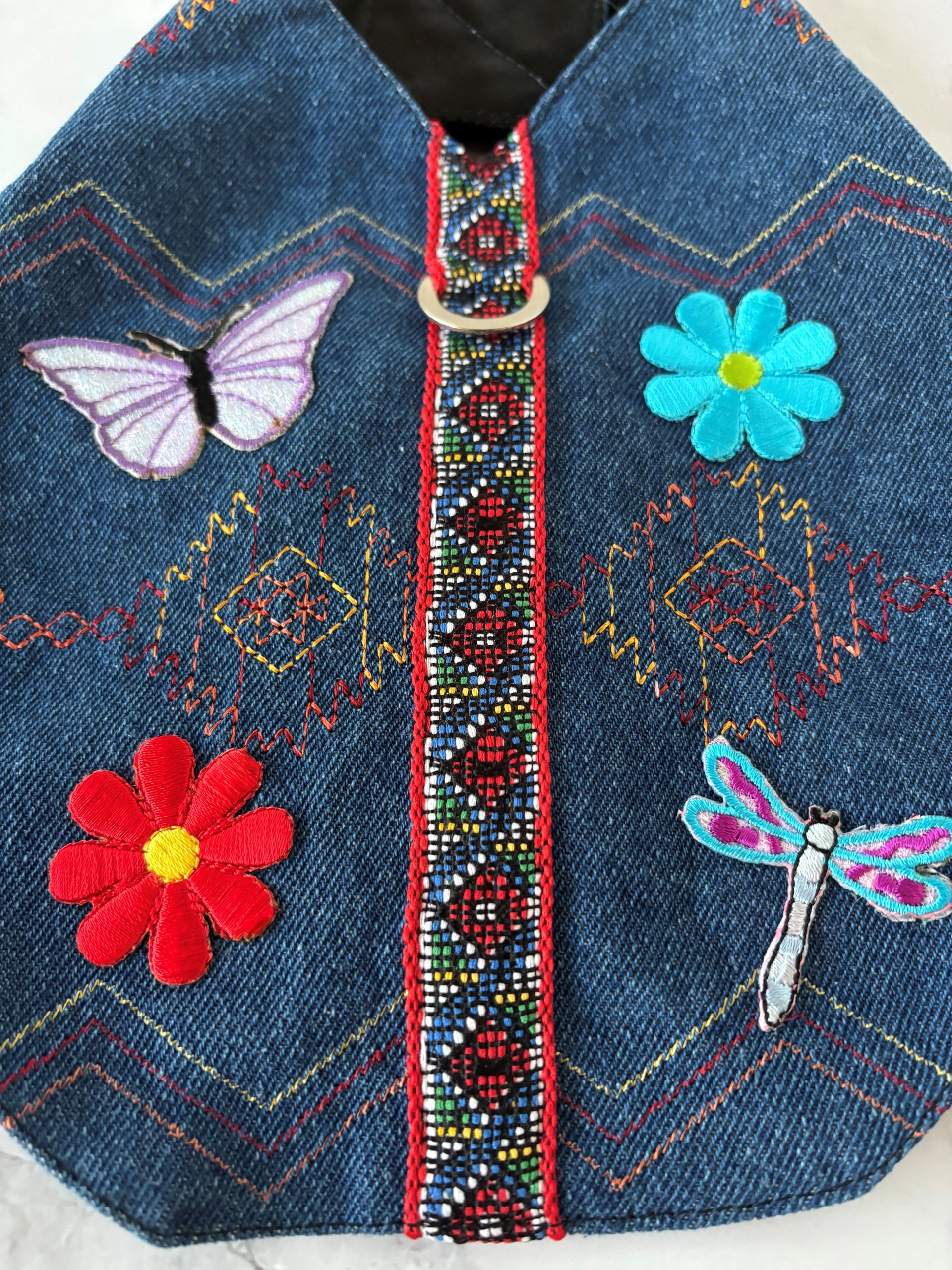 Denim dog harness for the fashionable, relaxed pup - One of a kind - Handmade Aztek style denim small dog vest with D-ring