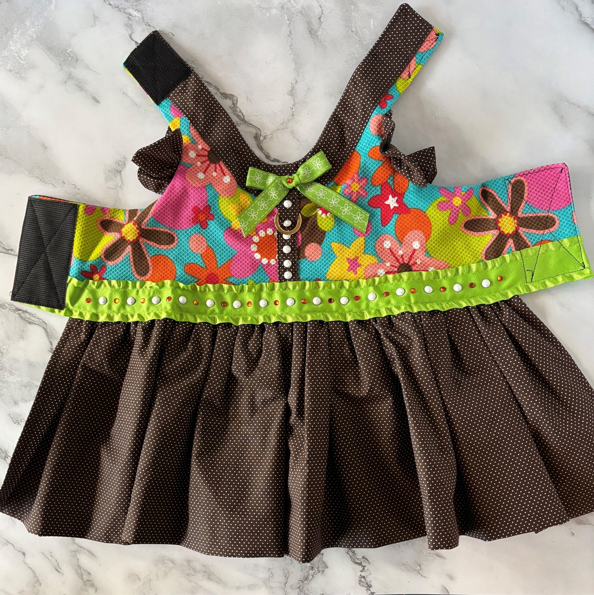 School Days small breed dog Harness Dress with solid cast D-ring & ruffle sleeves