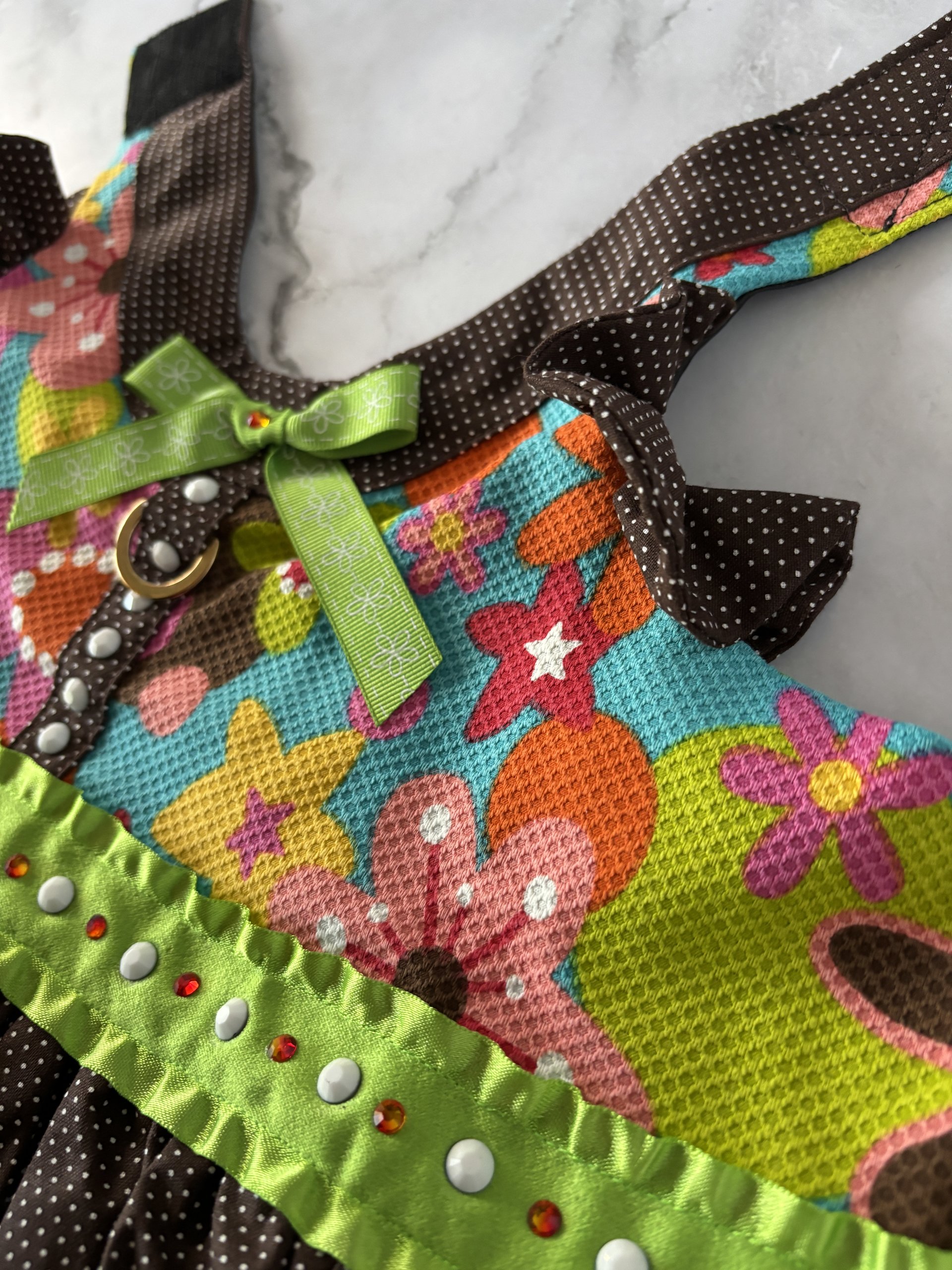 School Days small breed dog Harness Dress with solid cast D-ring & ruffle sleeves