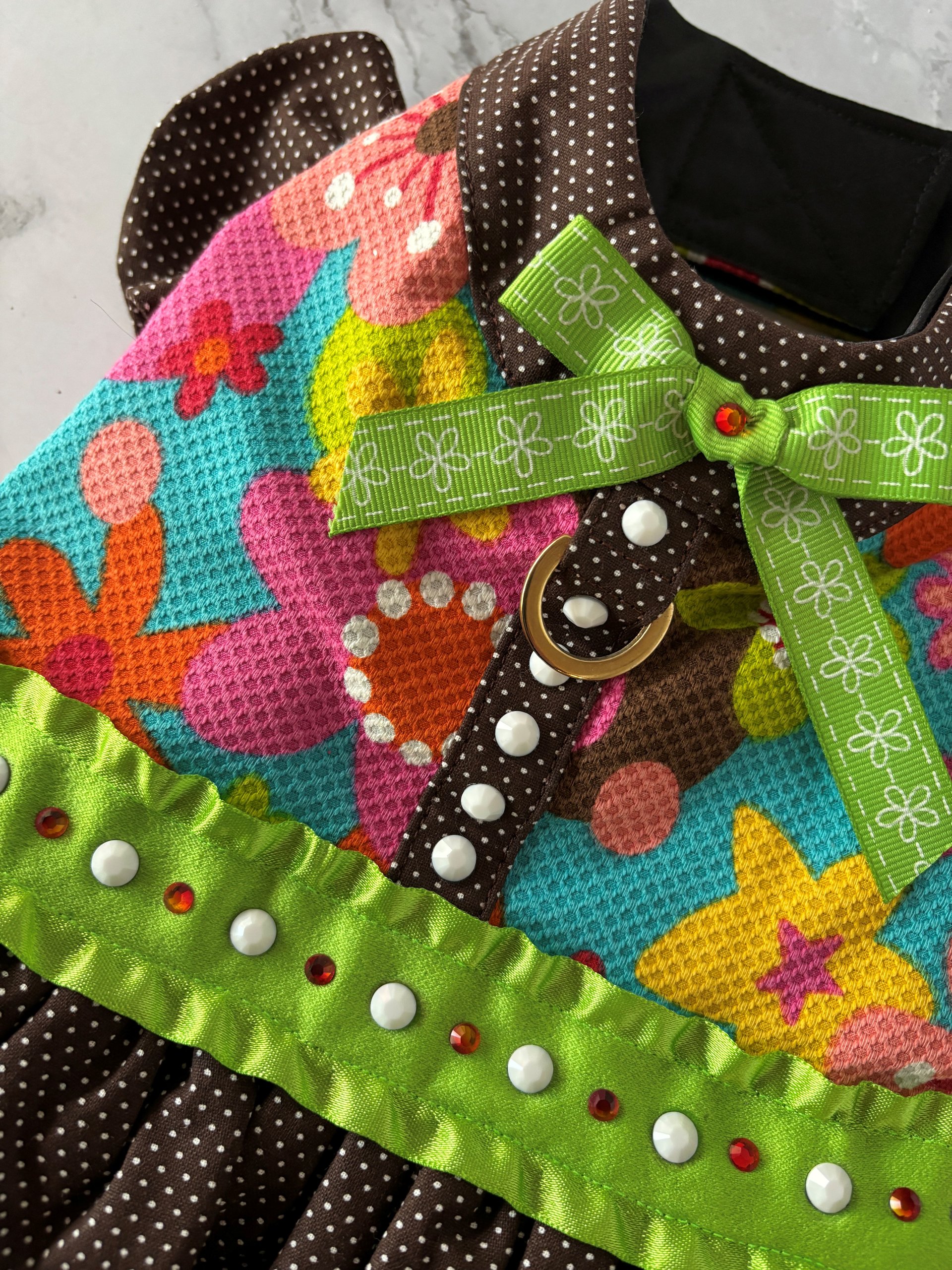 School Days small breed dog Harness Dress with solid cast D-ring & ruffle sleeves