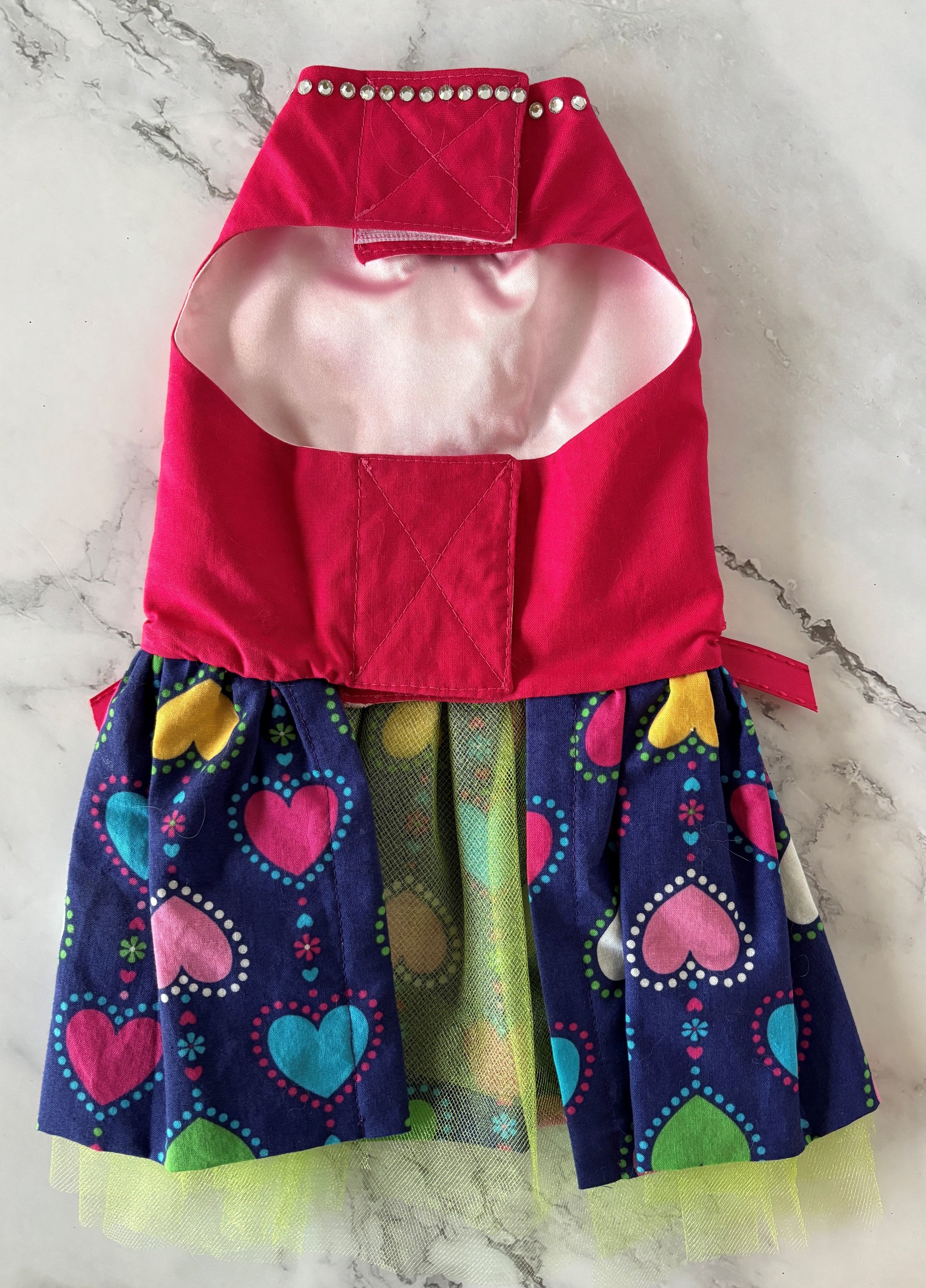 Tutu Cute Small Dog Harness Dress with solid cast D-ring -- embroidery, a built-in bling necklace and adorable skirt