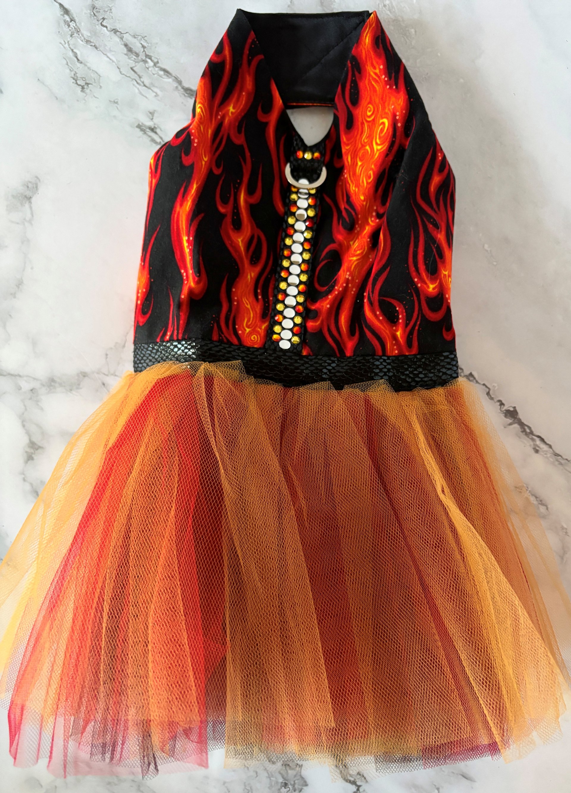 Little Miss Wildfire Harness Dress for small breed dog - with D-ring for walking on a leash