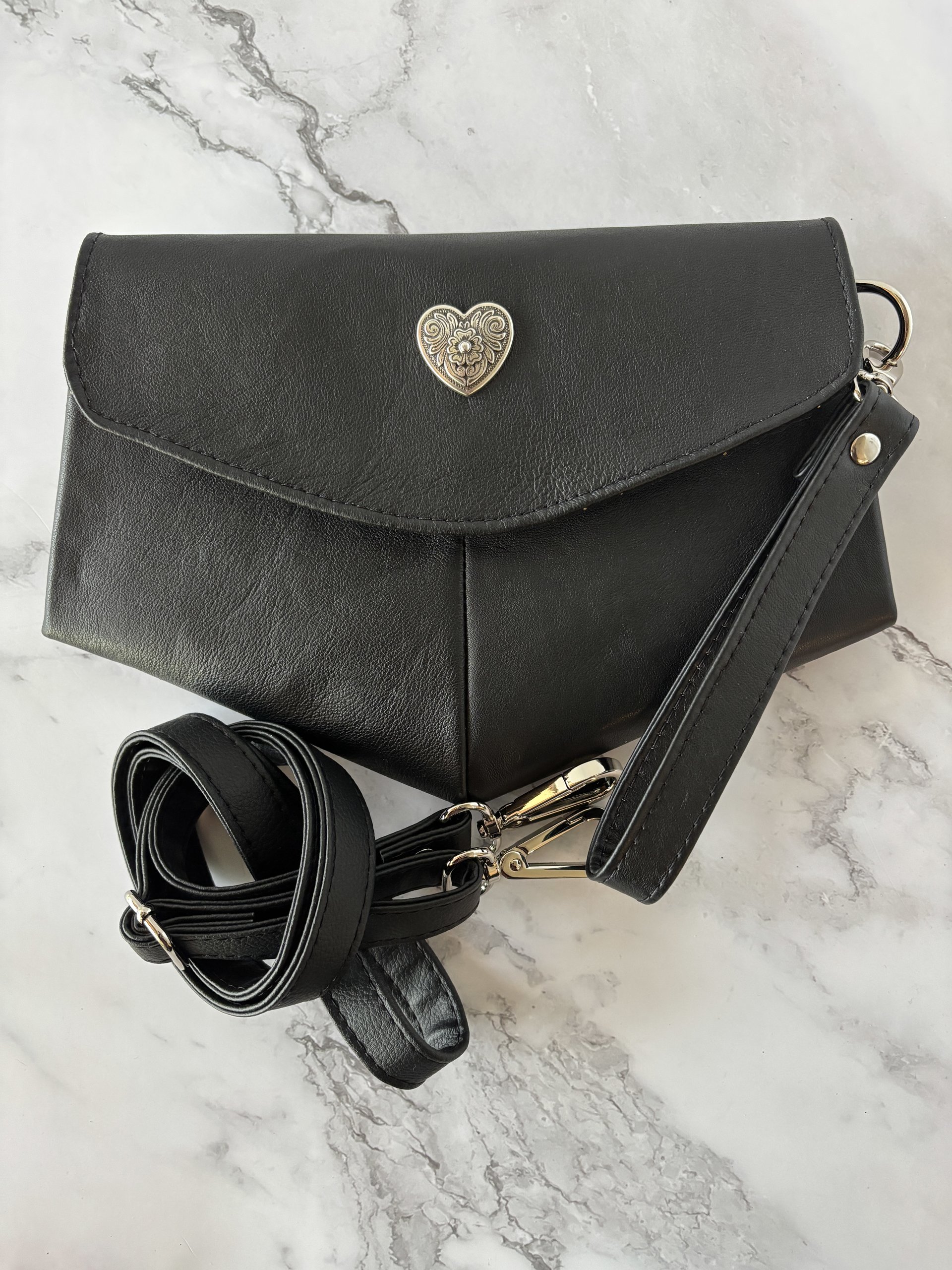 Black Lambskin Leather Crossbody Handbag - Clutch - Wristlet