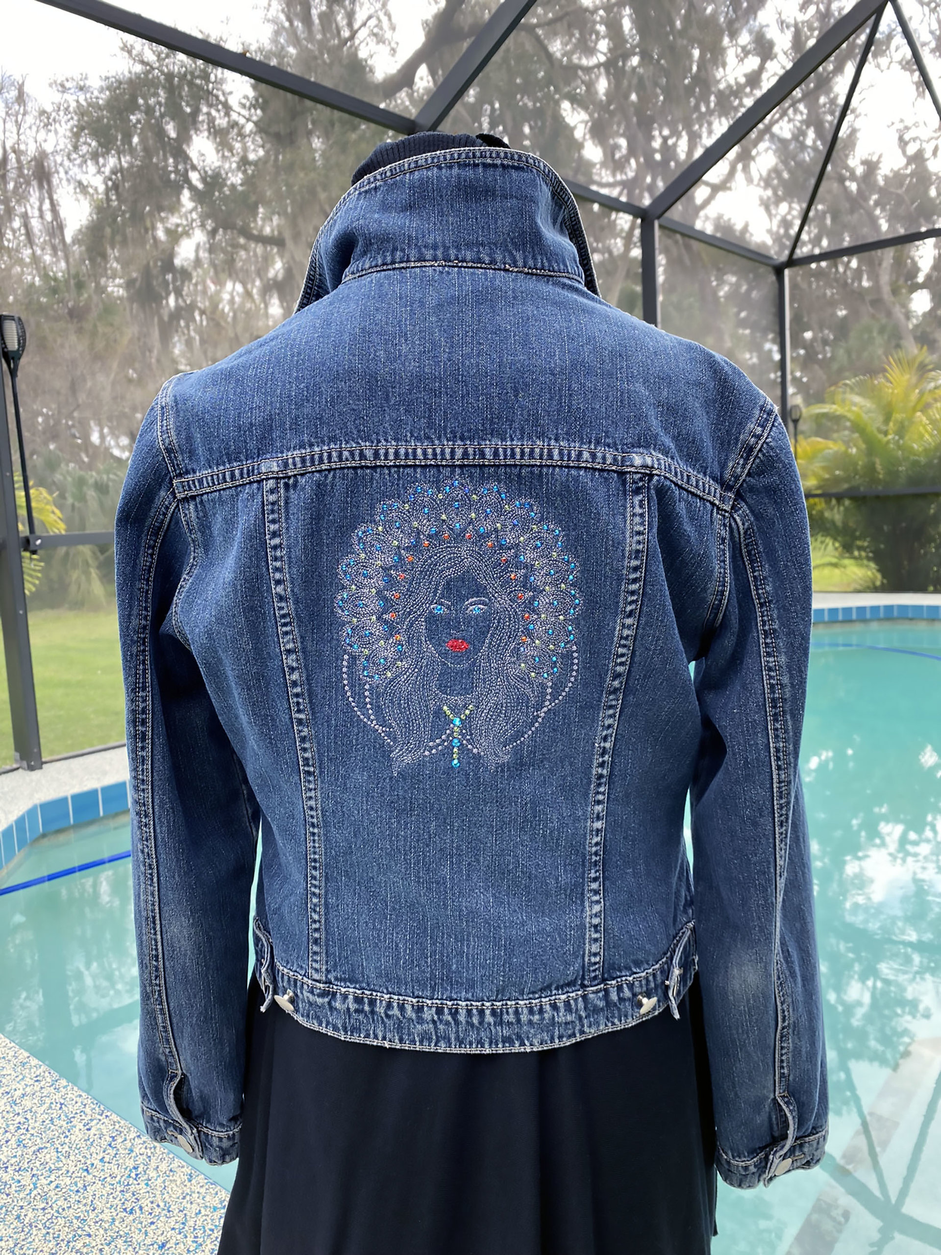Women's Embroidered Denim Jacket with boho diva with a Mandala Halo - Adorned with Austrian Crystals, Upcycled Denim Jacket, Sustainable