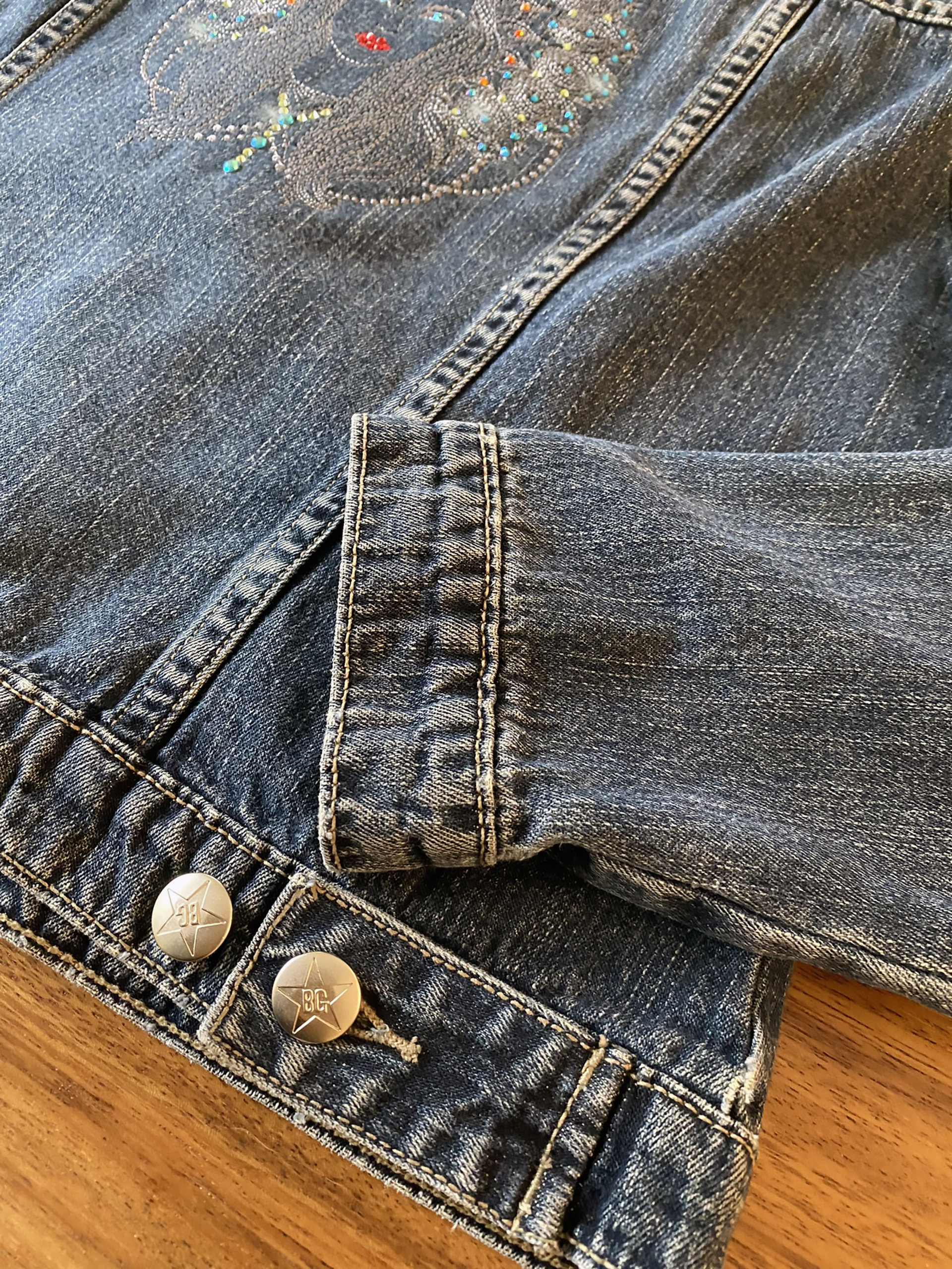 Women's Embroidered Denim Jacket with boho diva with a Mandala Halo - Adorned with Austrian Crystals, Upcycled Denim Jacket, Sustainable