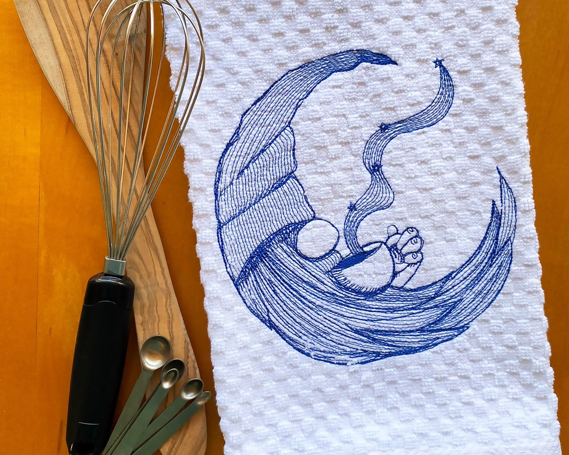 Sleepy Gnome Embroidered Dish Towel, Gnome Kitchen Linens Hostess or New Home Gift