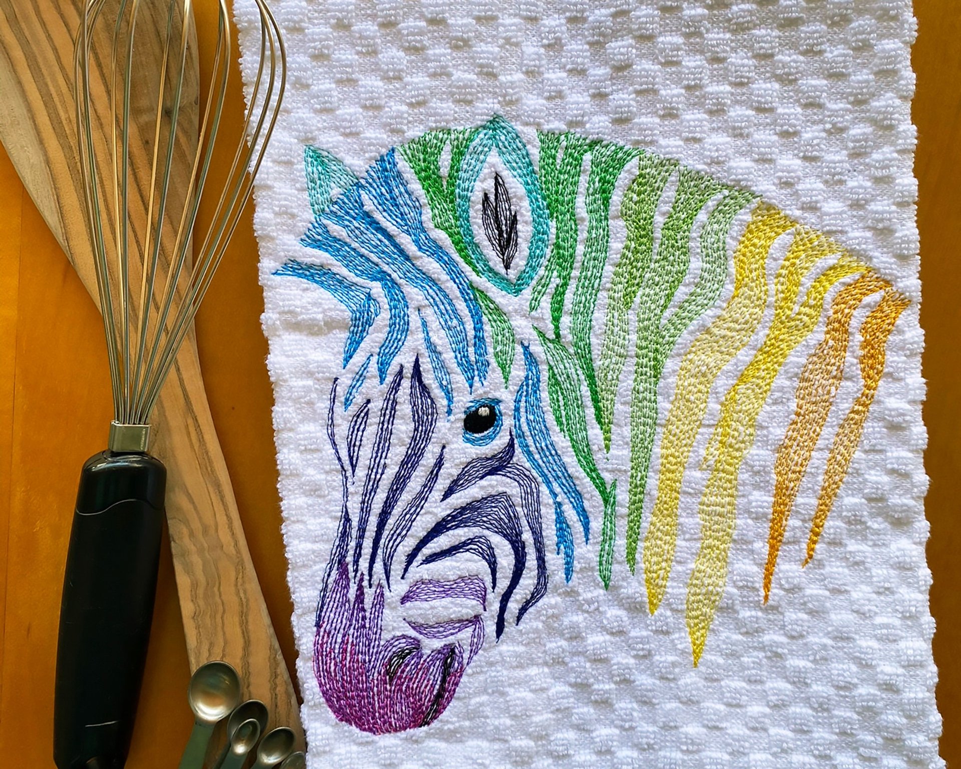 Embroidered Color Theory Zebra Dish Towel, Rainbow Kitchen Decor, Festive Kitchen Linens, Hostess or New Home Gift