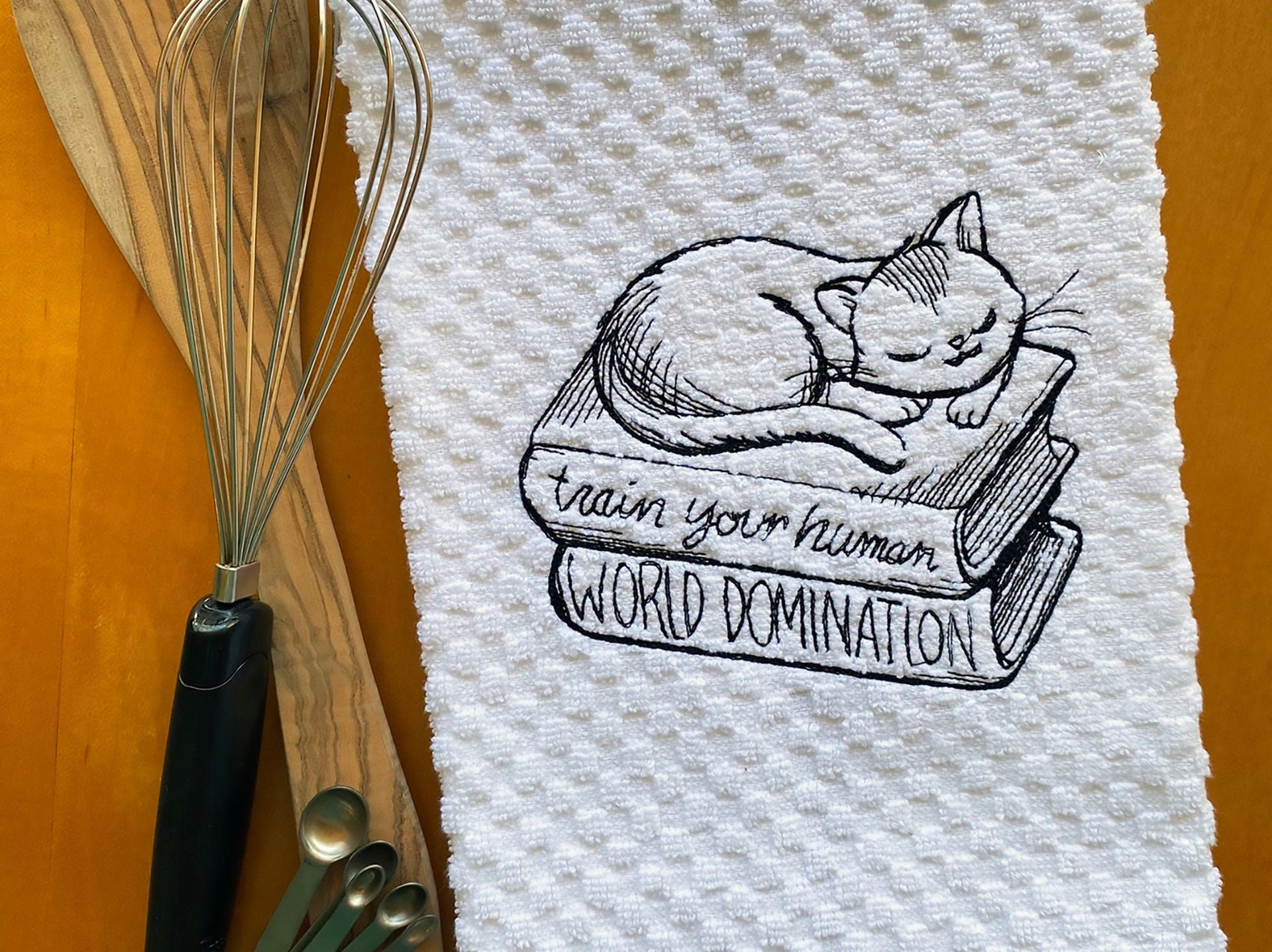 Embroidered Funny Feline Kitchen Decor for the book lover, the cat lover, Housewarming or Hostess Gift