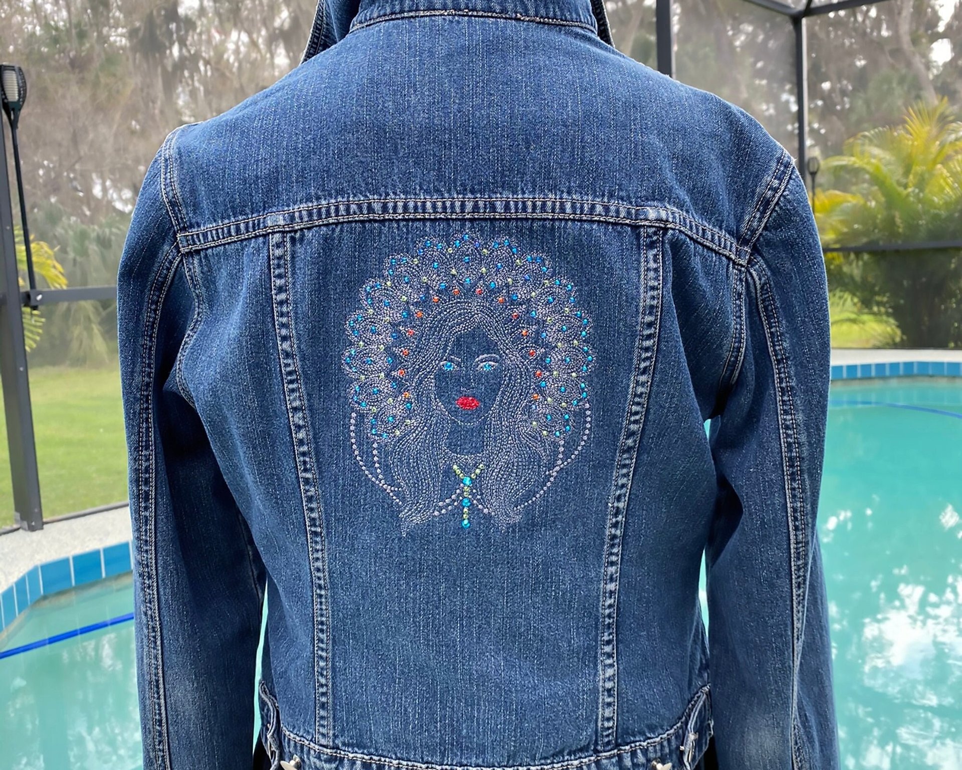 Women's Embroidered Denim Jacket with boho diva with a Mandala Halo - Adorned with Austrian Crystals, Upcycled Denim Jacket, Sustainable