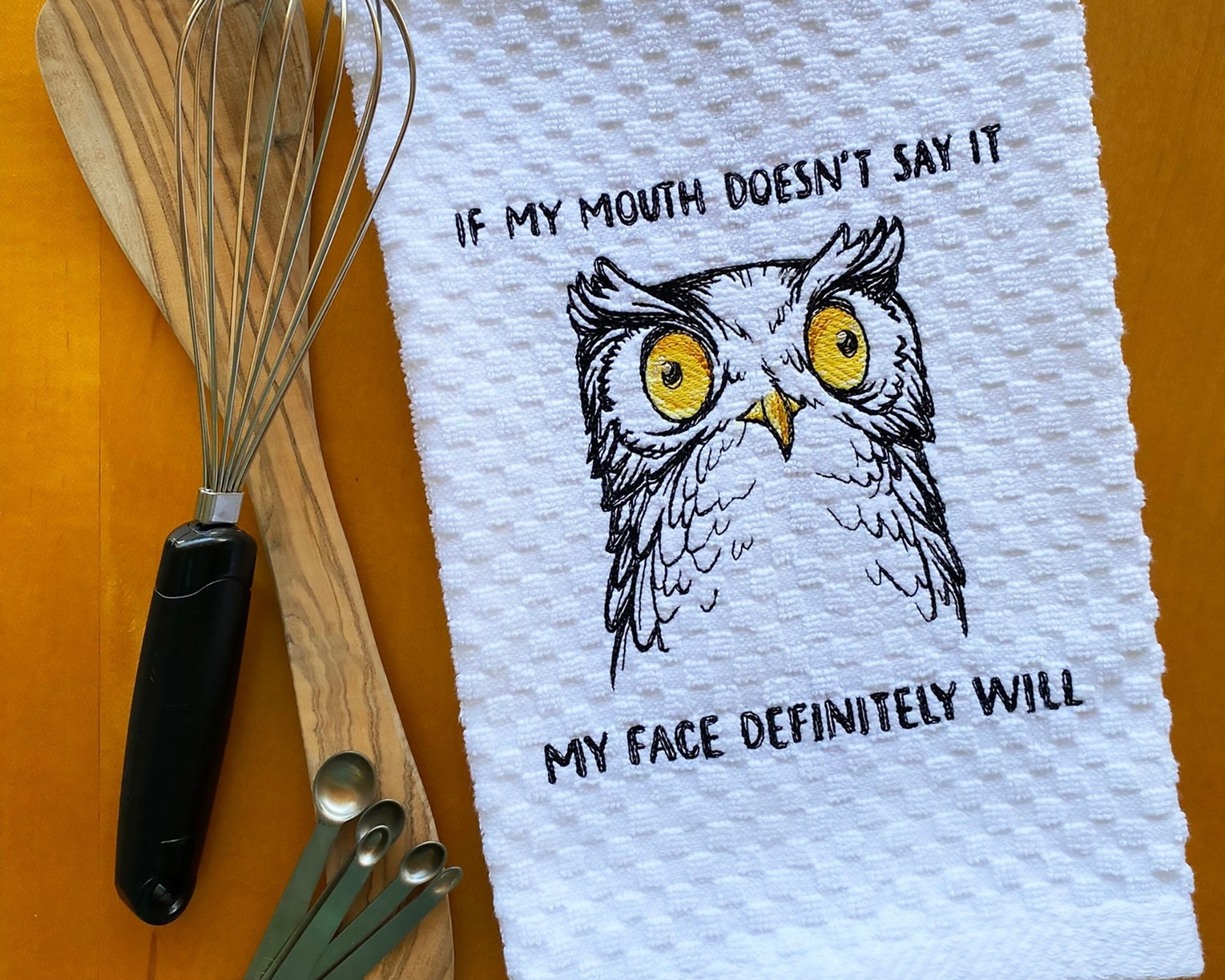 Funny Embroidered Owl Dish Towel, Humorous Kitchen Decor