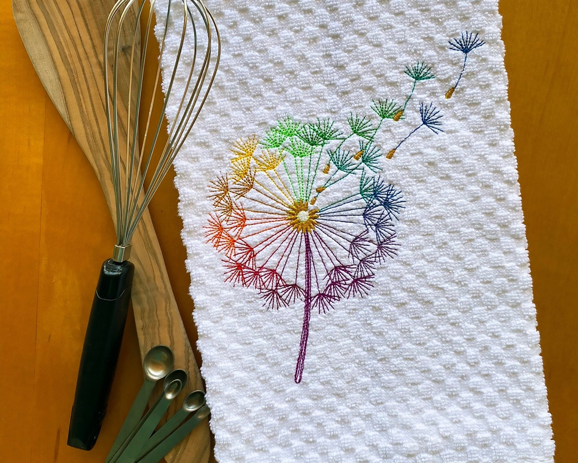 Embroidered Color Theory Dandelion Dish Towel, Gorgeous Rainbow Kitchen Decor