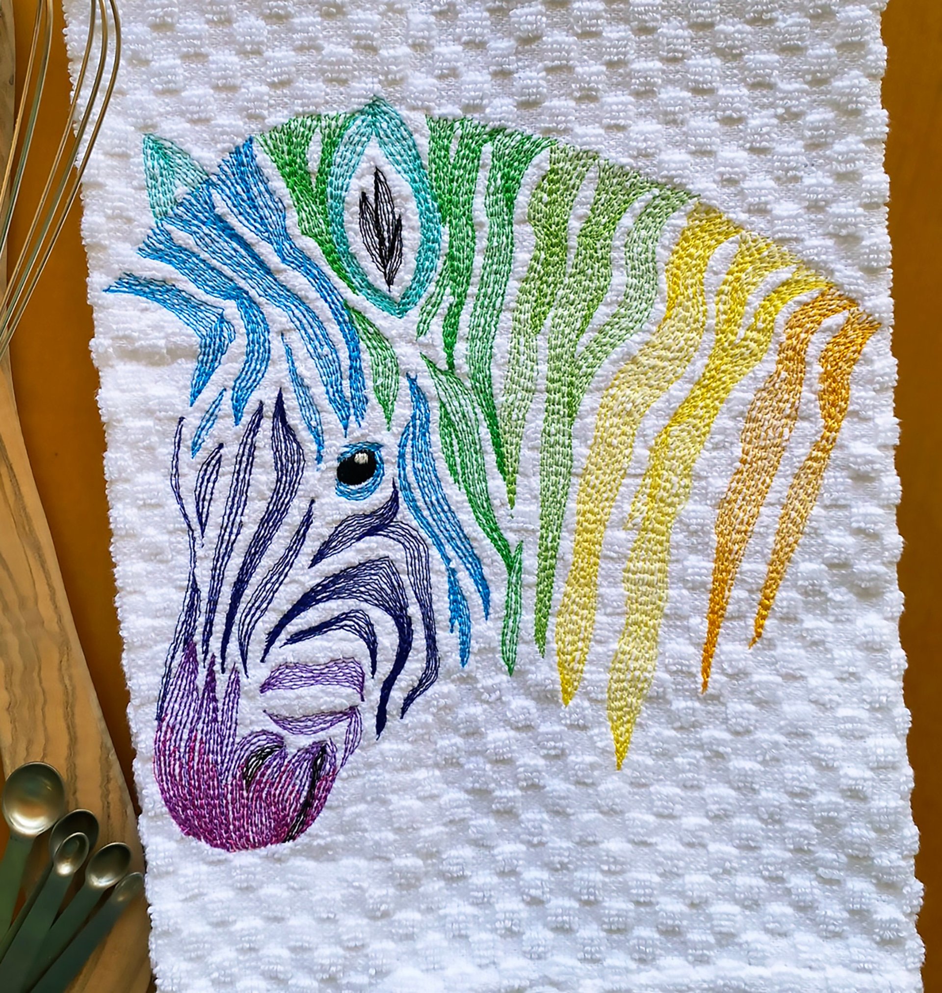 Embroidered Color Theory Zebra Dish Towel, Rainbow Kitchen Decor, Festive Kitchen Linens, Hostess or New Home Gift