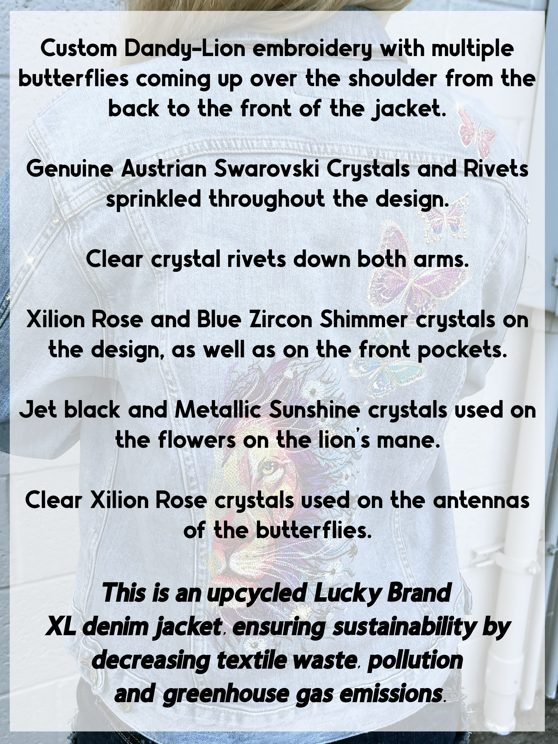 Custom Embroidered Dandy-Lion & Butterflies Denim Jacket with Genuine Crystals, Boho Women's One of a Kind Upcycled Denim Jacket