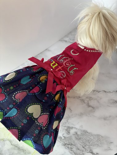 Tutu Cute Small Dog Harness Dress with solid cast D-ring -- embroidery, a built-in bling necklace and adorable skirt