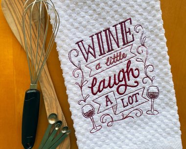 Embroidered Wine & Laugh Cocktail Dish Towel, Festive Hostess or New Home Gift