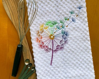 Embroidered Color Theory Dandelion Dish Towel, Gorgeous Rainbow Kitchen Decor